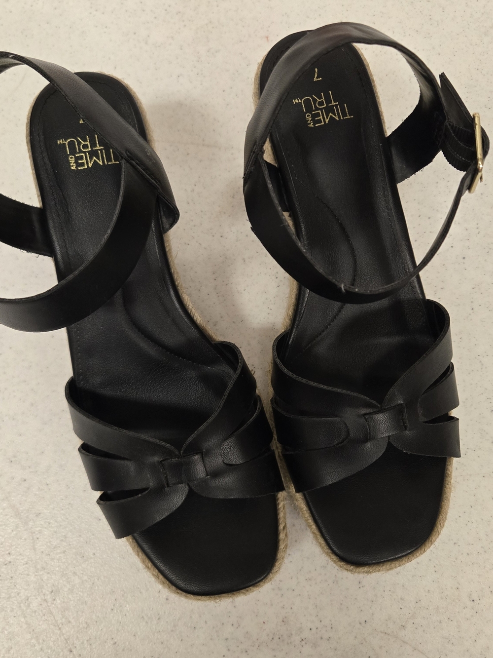 Time and Tru Black Ankle-Strap 2 Inch Wedge Sandals